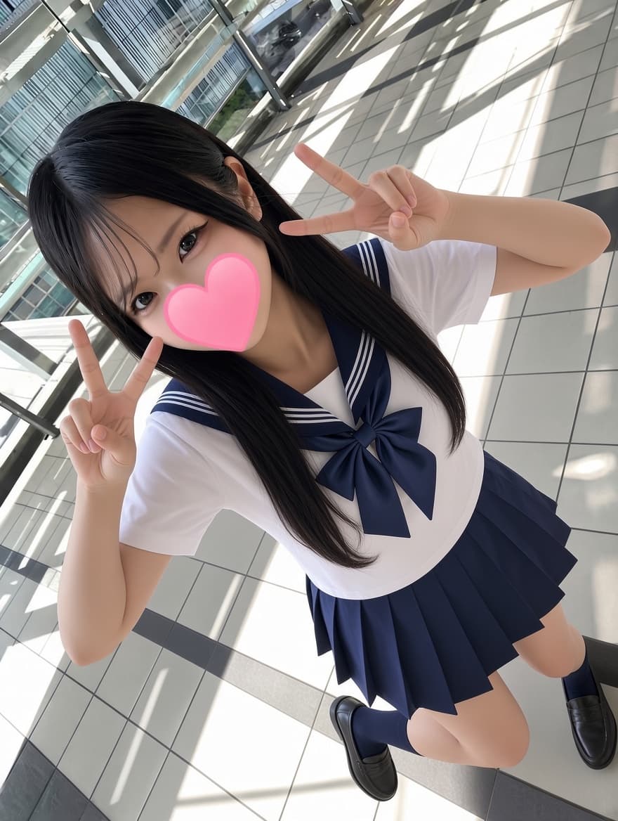 せいらはセーラー服を着て笑顔でピースサインをしています。