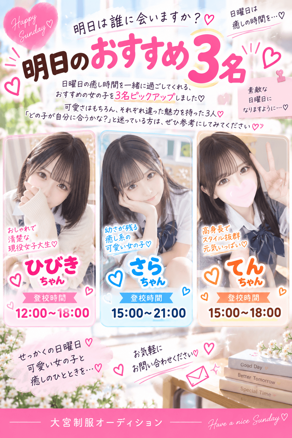 9月6日(日)💘明日は誰を選ぶ?♡日曜日の注目ガール3名をご紹介✨